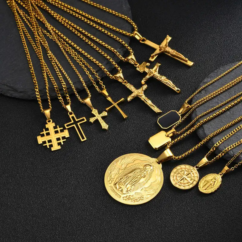Men's Geometric Cross Pendant Necklace - Silver Plated Stainless Steel Jewelry