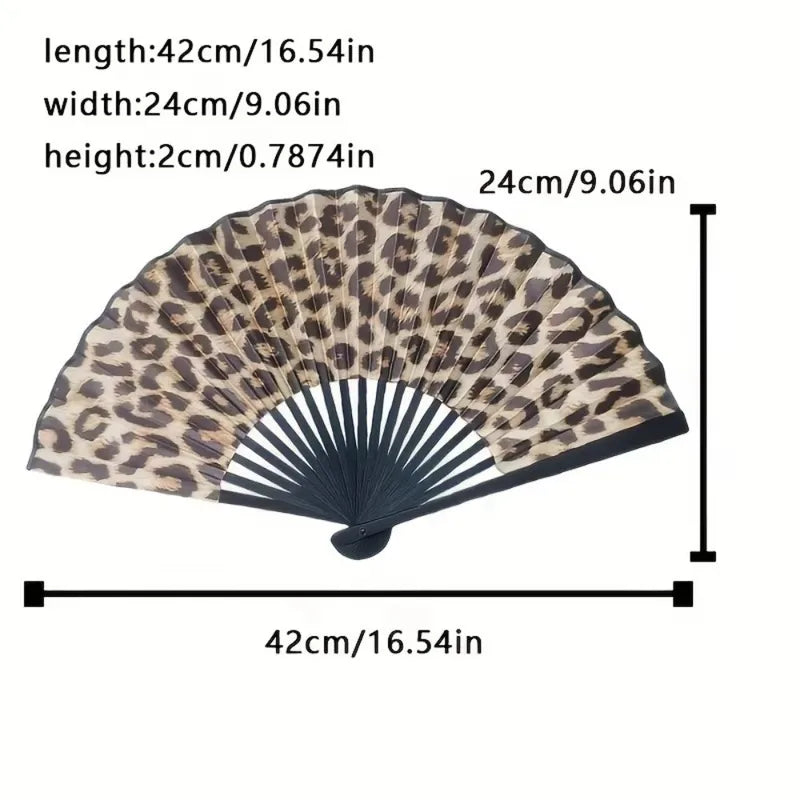 Leopard Print Folding Fan with Black Frame - Elegant Classical Dance Accessory for Women