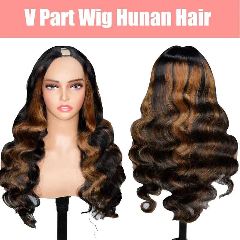 Human Hair Body Wave Wig with Highlights - No Sew In Clip-In Half Wigs 30 Inch