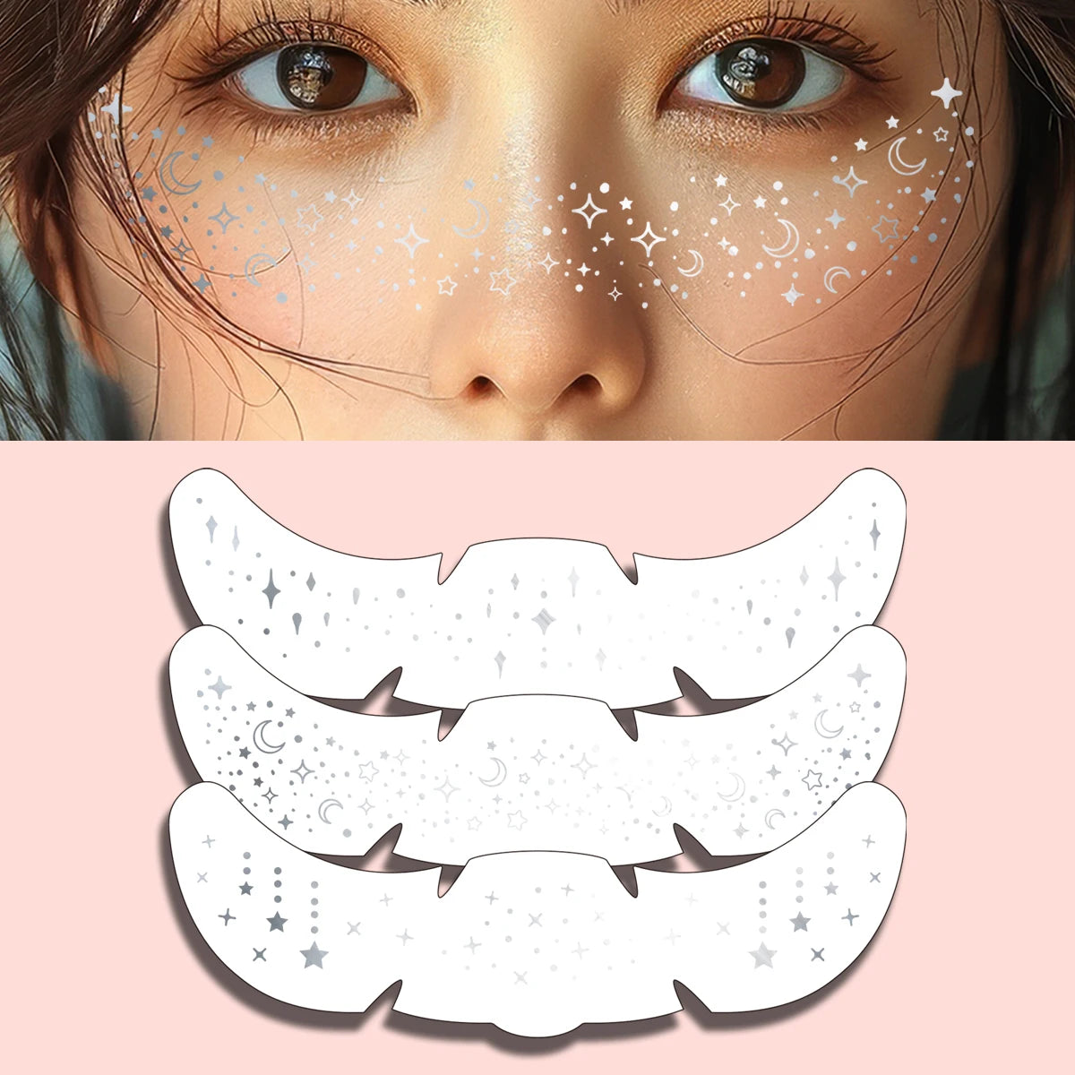 3-Pack Metallic Face Makeup Patches with Star and Moon Designs for Face Art and Party Looks