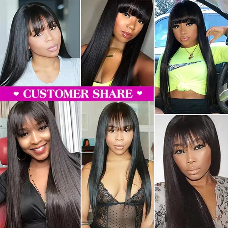 Human Hair Wigs with Bangs - Natural Black Full Machine Wig, Multiple Lengths & Densities