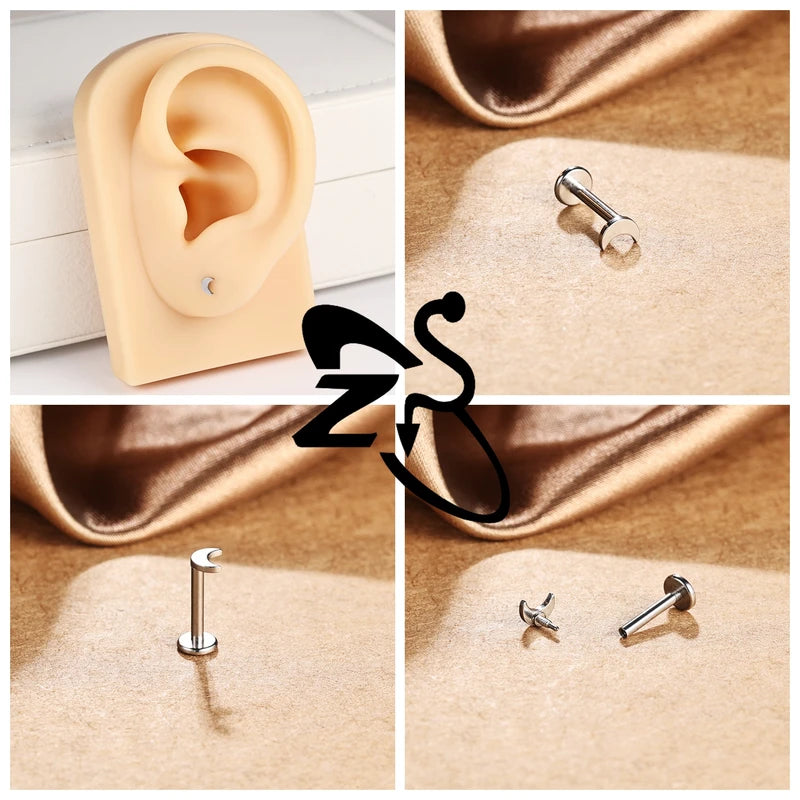 Stainless Steel Lip Studs with Cross & Star Shapes - Labret Piercing Jewelry 16G/18G 6/8mm