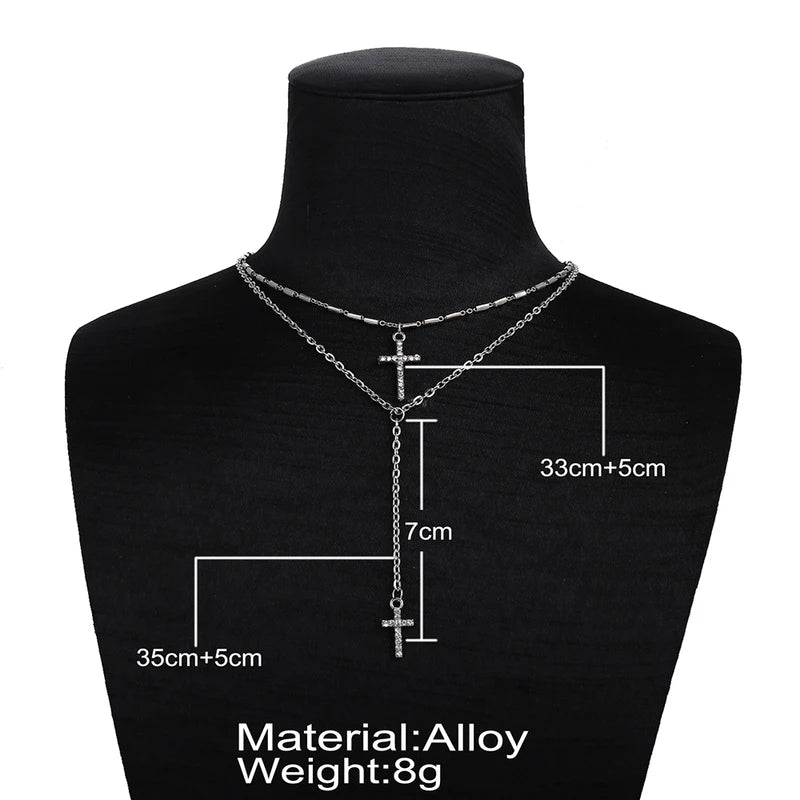 Gold-Plated Crystal Cross Necklace Pendant Double Layered Religious Jewelry