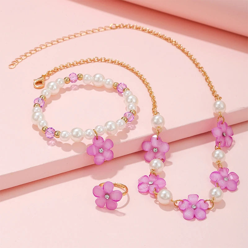 Kids Jewelry Set 3Pcs Flower Charm Necklace Bracelet Ring for Girls and Daughters