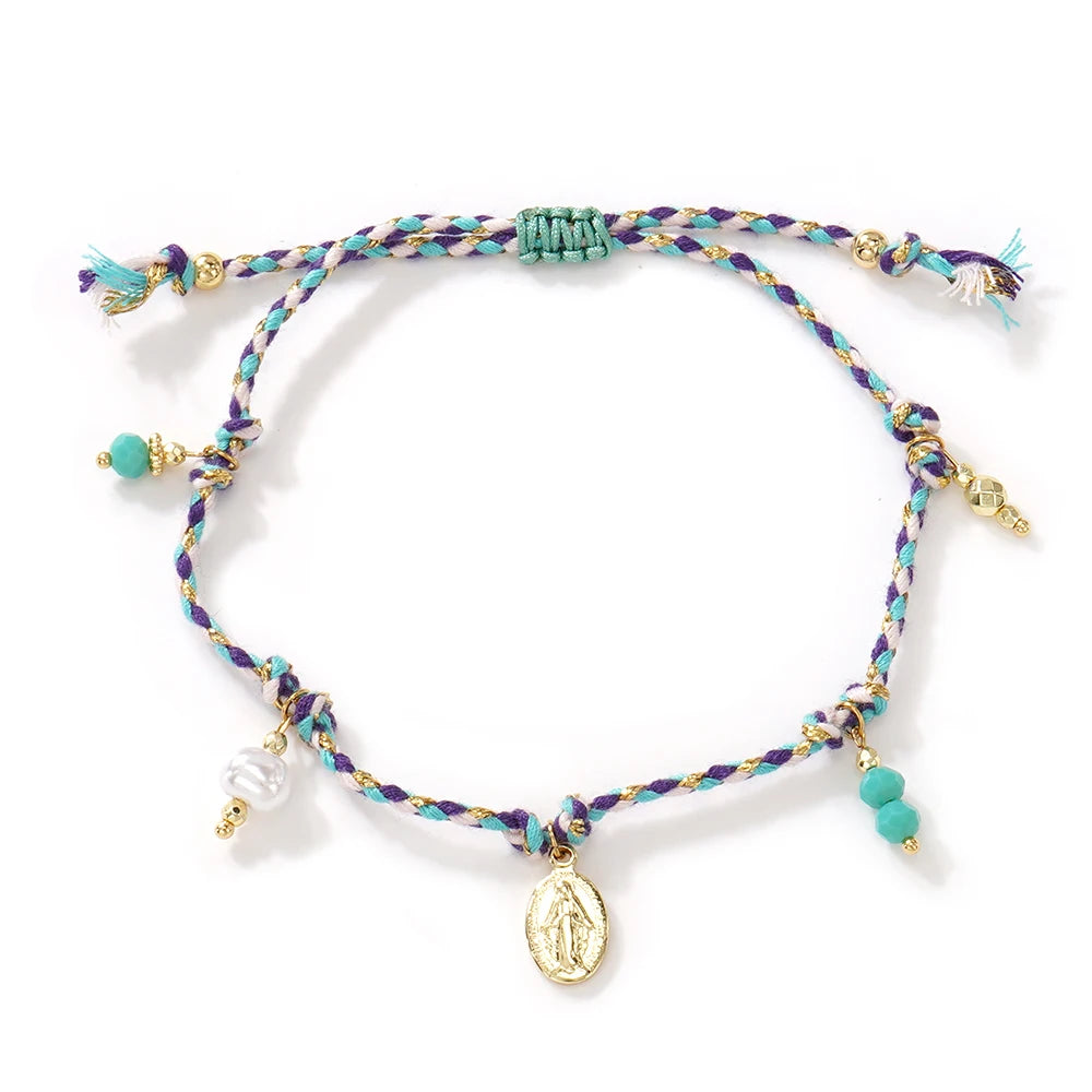 Multicolor Braided Rope Bracelet with Virgin Mary Pearl Charm Adjustable Women’s Jewelry