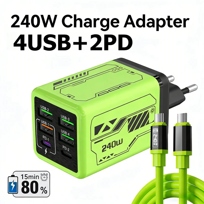 240W GaN Fast Charger with 6 USB-C Ports & Data Cable for Smartphones