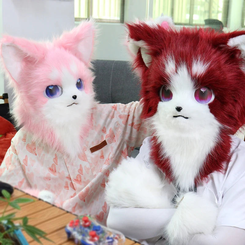 Animal Furry Fursuit Head Mask Plush Cat Fox Costume Prop for Halloween Cosplay