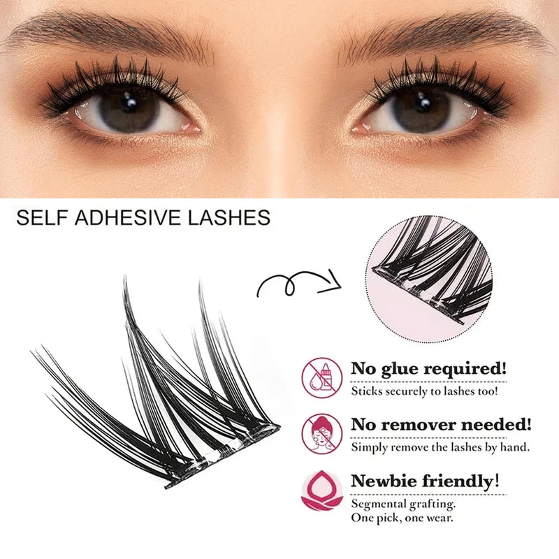 Pre-Glued Self-Adhesive Eyelash Clusters - Cat Eye Style 12mm C Curl, No Residue, Beginner Friendly