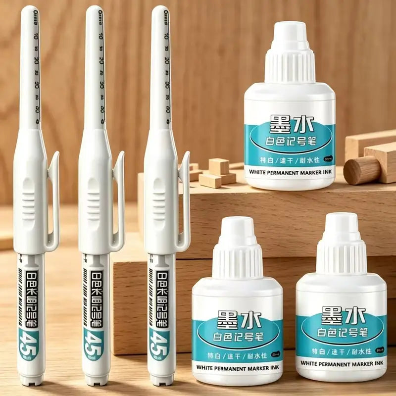 Waterproof Carpenter Pen Set 45mm Long Nib Deep Hole Marking Tool Black White Ink