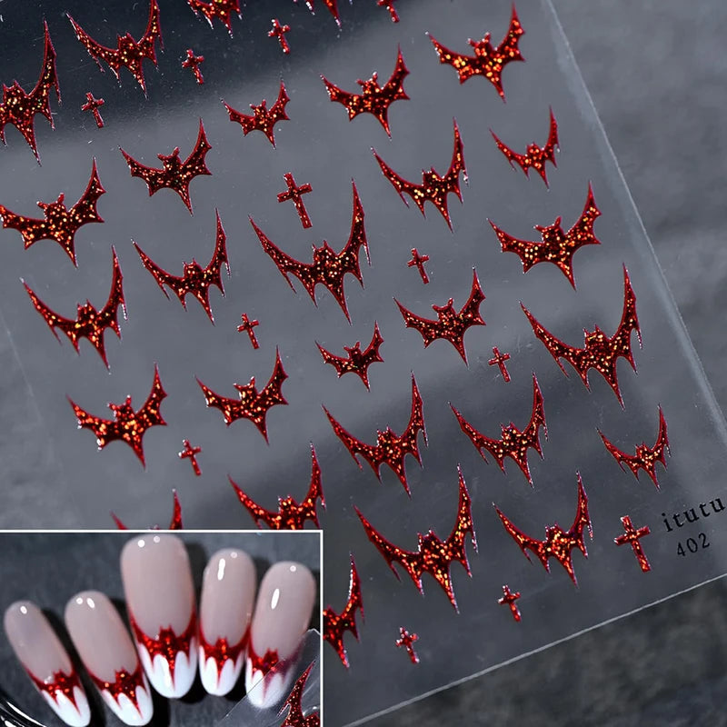 Halloween Red Bat Nail Art Stickers for French Design DIY Embossed Glitter Decals