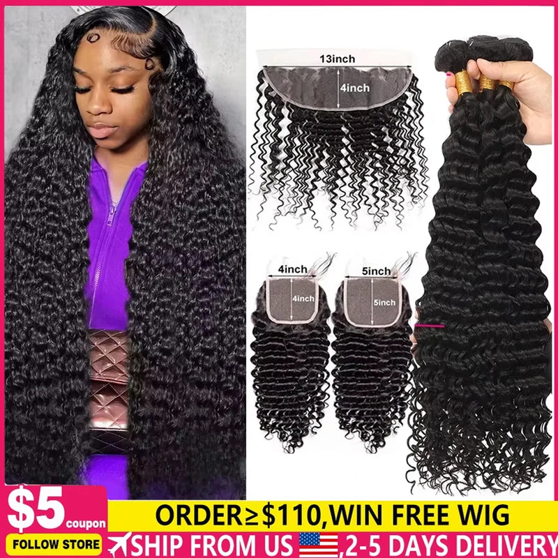 Deep Wave Human Hair Bundles with Closure - Burmese 3/4 Bundles & HD Lace Frontal