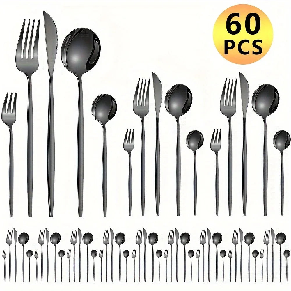 60pcs Stainless Steel Cutlery Set - Golden Mirror Finish, Dishwasher Safe, Gift Box