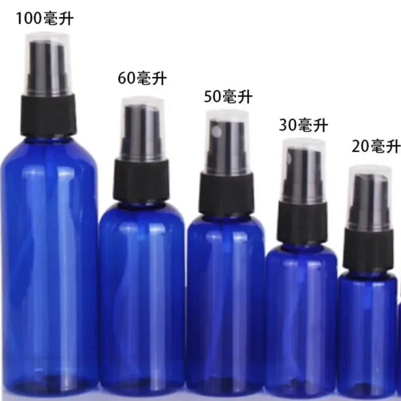 Set of 50 Refillable Blue Spray Bottles - 20ml, 30ml, 50ml, 60ml, 100ml Fine Mist Containers for Disinfectant & Travel