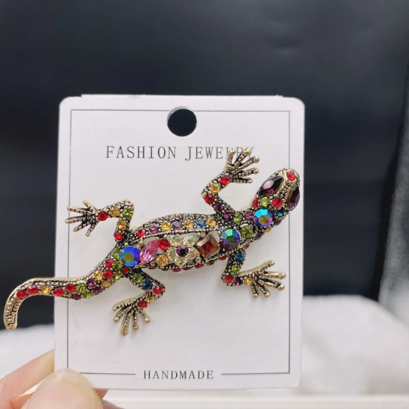 Crystal Stone Lizard Brooch with Bright Flowers and Gemstone Accents - Unisex Metal Pin
