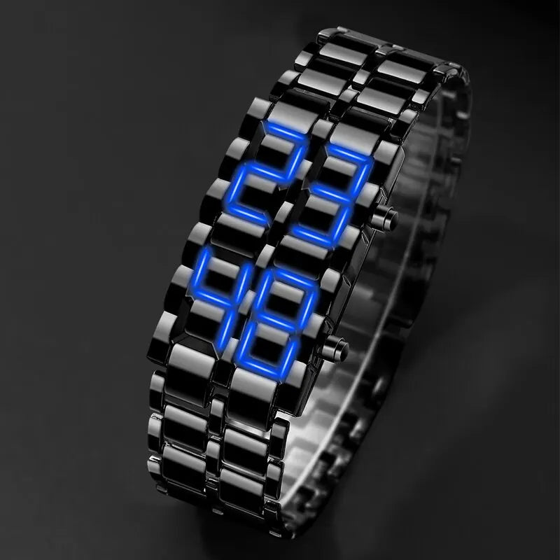 Digital LED Wrist Watch for Men - Full Metal Lava Design, Blue Display, Alarm