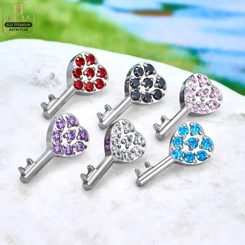 Titanium Body Jewelry Piercing Rings Set with CZ Heart Flower Key Studs