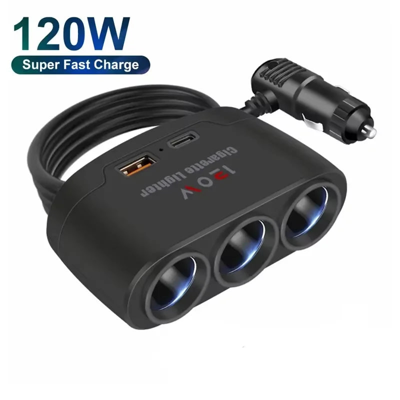 120W Car Cigarette Lighter Splitter with Dual USB Fast Charger 12V 24V