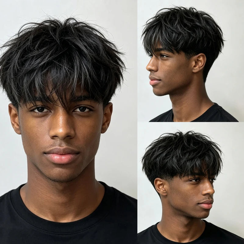 Black Synthetic Cosplay Wig Men Short Messy Layered Heat Resistant Fiber for Halloween