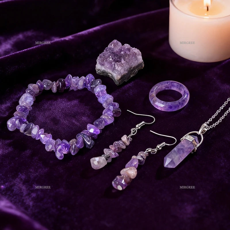 Natural Amethyst Jewelry Set - Bracelet Necklace Ring Earrings Healing Crystals