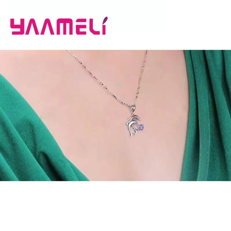 925 Sterling Silver Bridal Jewelry Set with Dolphin Design Crystal Necklace and Hoop Earrings for Women Girls