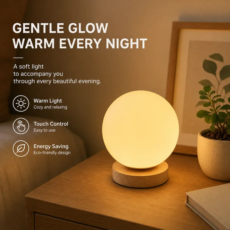 Modern Solid Wood Spherical Table Lamp for Bedroom & Living Room