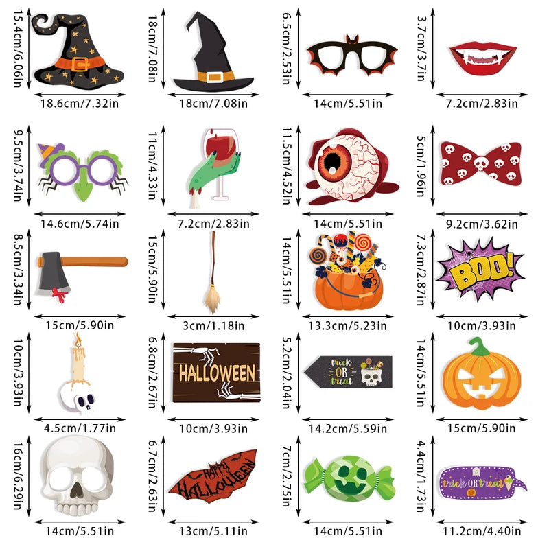 20pcs Halloween Photo Booth Props Set Spooky Skull Pumpkin Selfie Costume Party Decor