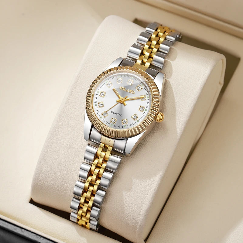 Luxury Women’s Quartz Watch with Rhinestones and Stainless Steel Band - Multiple Colors