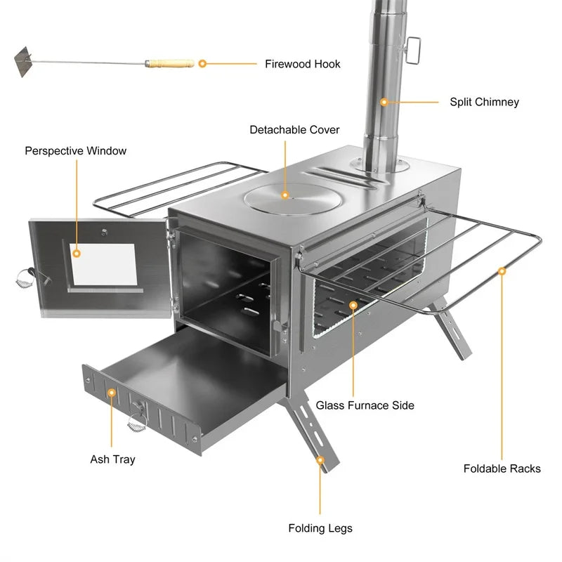 Portable Wood Burning Stove with Chimney Pipes for Camping & Outdoor Heating