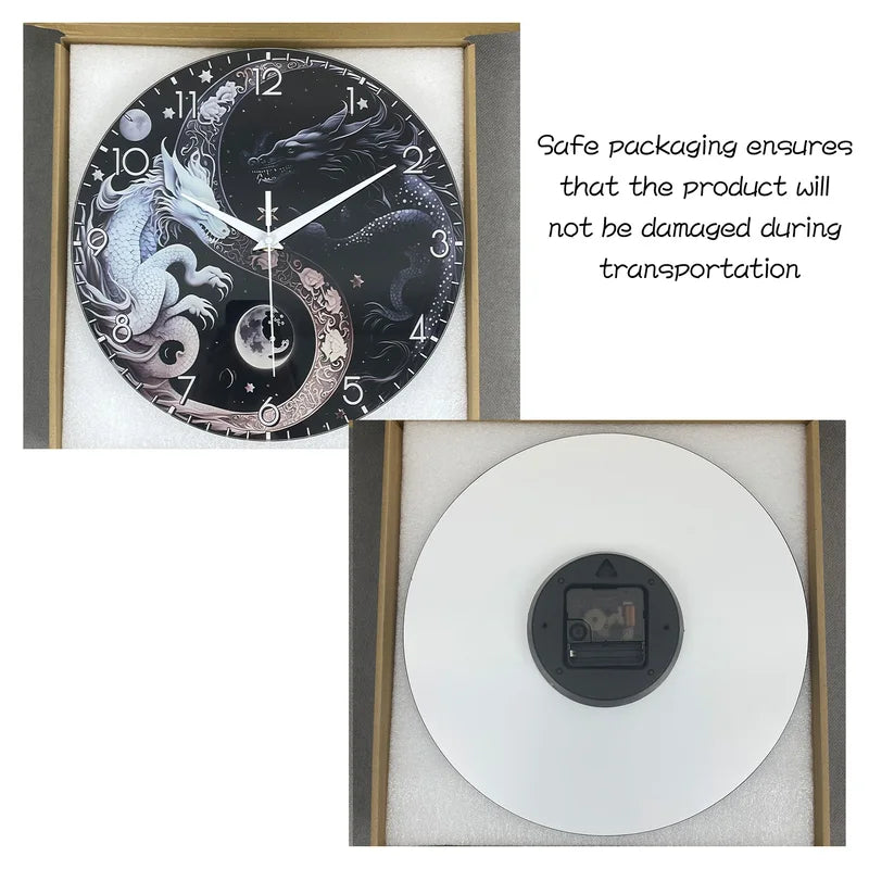 Glass Wall Clock with Dragon Design - Black and White Mythology Wall Decor - Quiet Home Clock