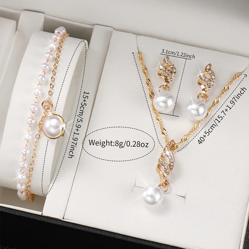 Women's Fashion Quartz Watch with Leather Band and Pearl Jewelry Set