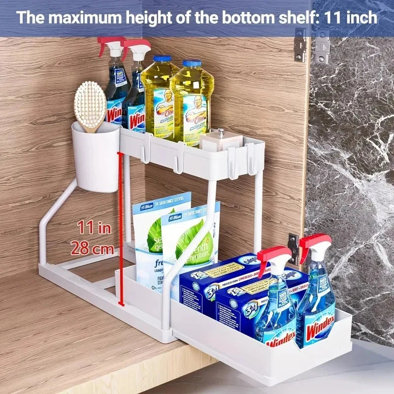 Kitchen Sink Lower Storage Rack Double Pull-Out Countertop Organizer