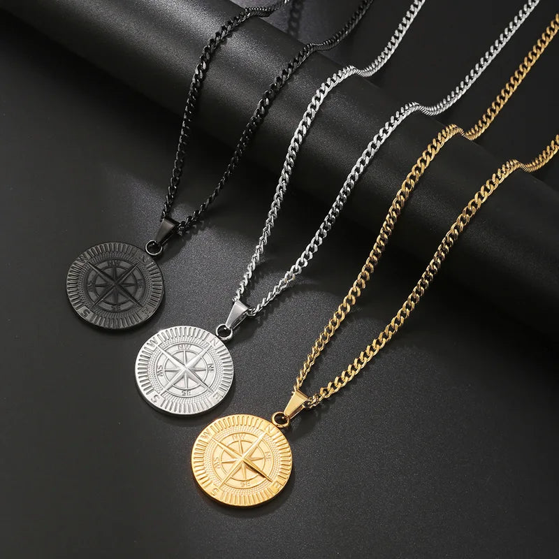 Retro Compass Pendant Necklace Men Stainless Steel Hip Hop Jewelry Gift