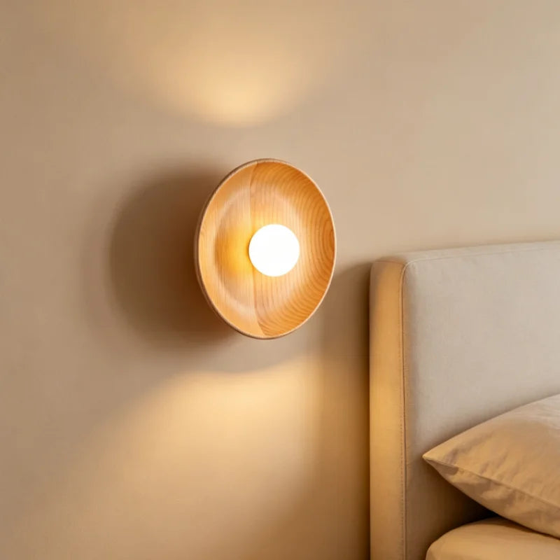 Nordic Wooden Wall Lamp with Round Shade - Modern Minimalist Wall Light for Bedroom & Living Room