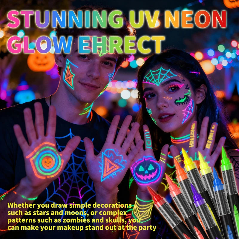8-Color UV Fluorescent Body Paint Pens - Washable Glow Tattoo & Face Markers