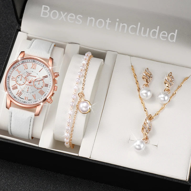 Women's Fashion Quartz Watch with Leather Band and Pearl Jewelry Set