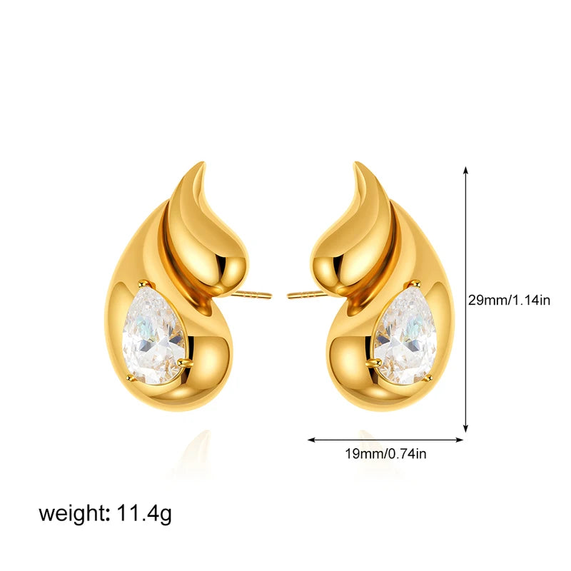 Gold Chunky Double Teardrop Earrings with Clear Crystals for Women