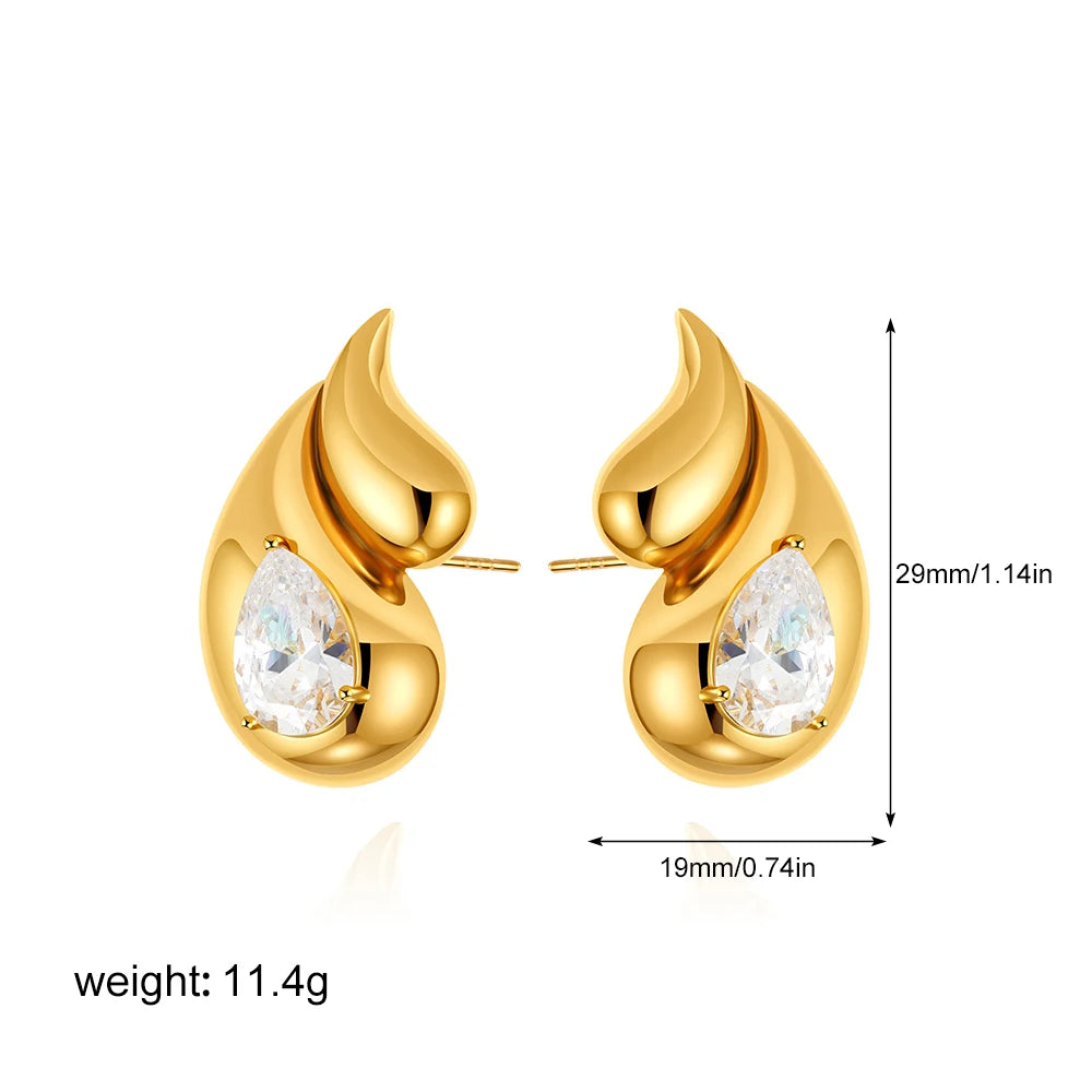 Gold Chunky Double Teardrop Earrings with Clear Crystals for Women