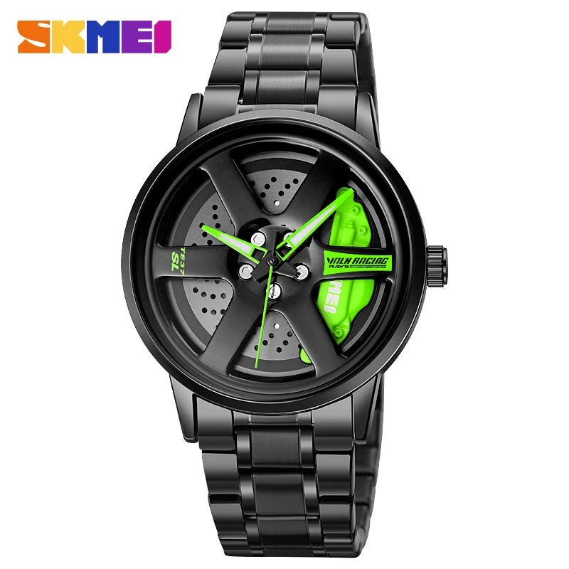 Men's Quartz Watch with Rotating Car Wheel Dial Waterproof Sports Racing Style