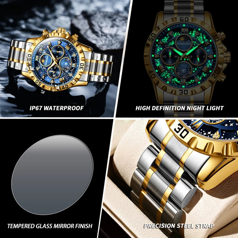 Men's Luxury Quartz Chronograph Watch with Luminous Dial and Stainless Steel Band