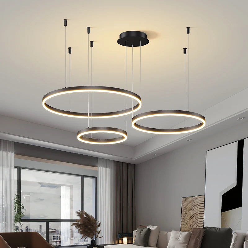 Modern LED Ceiling Chandelier with Adjustable Brightness & Color - Circular Ring Indoor Lighting