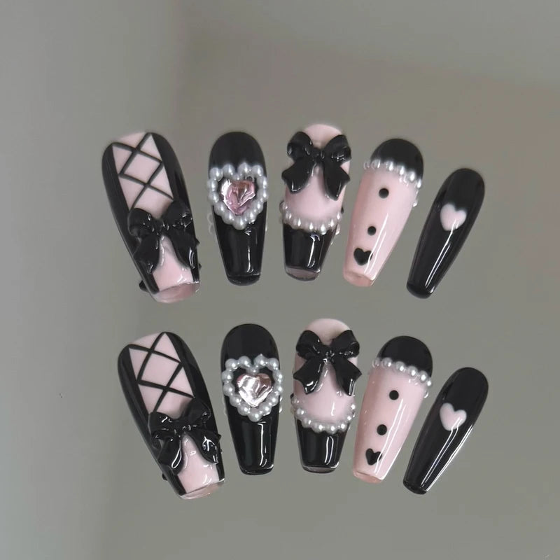3D Fake Nail Set with Ribbon Bow Design - 10 pcs Colorful Press-On Acrylic Nails