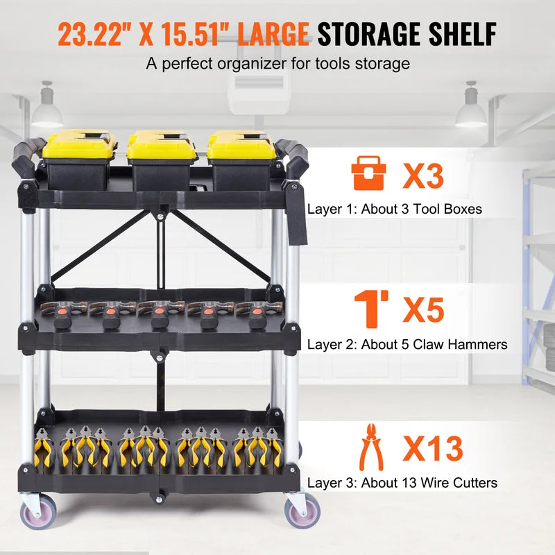 3-Tier Folding Utility Cart with Lockable Swivel Wheels - Portable Storage Shelf