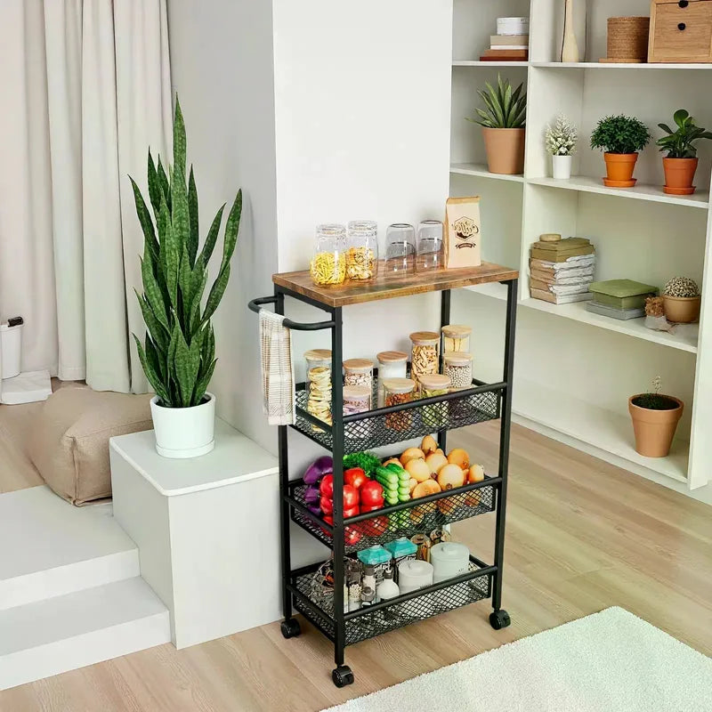 Slim Narrow Rolling Cart with 4 Tiers and Metal Handle for Small Space Storage