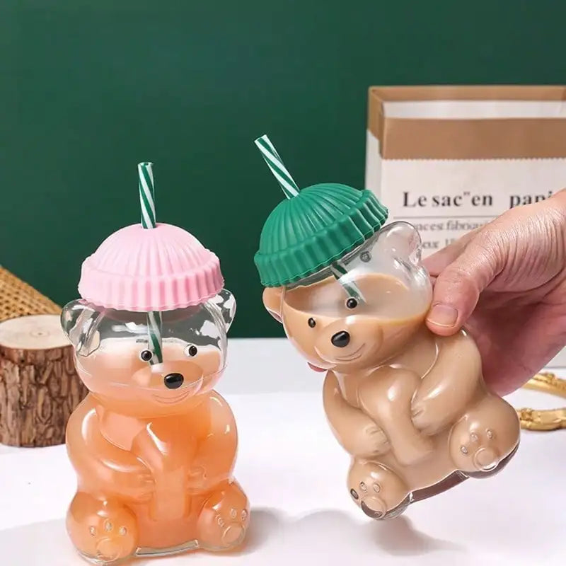 Cute Bear Plastic Drink Cup with Lid and Straw for Cold Beverages