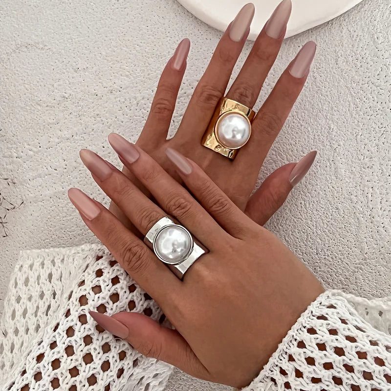 Adjustable Metal Wide Open Rings for Women & Men with Imitation Pearl & Geometric Design