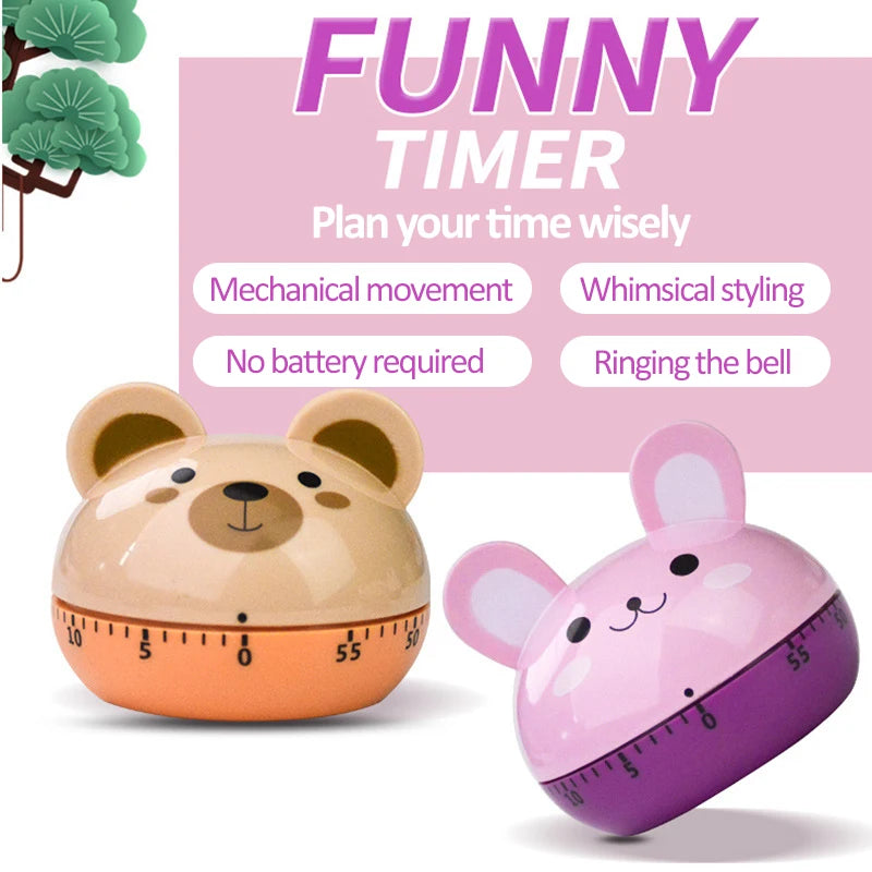 Mechanical Kitchen Timer with Cartoon Animal Pattern, 55-Minute Countdown Alarm, Magnetic Cooking Timer