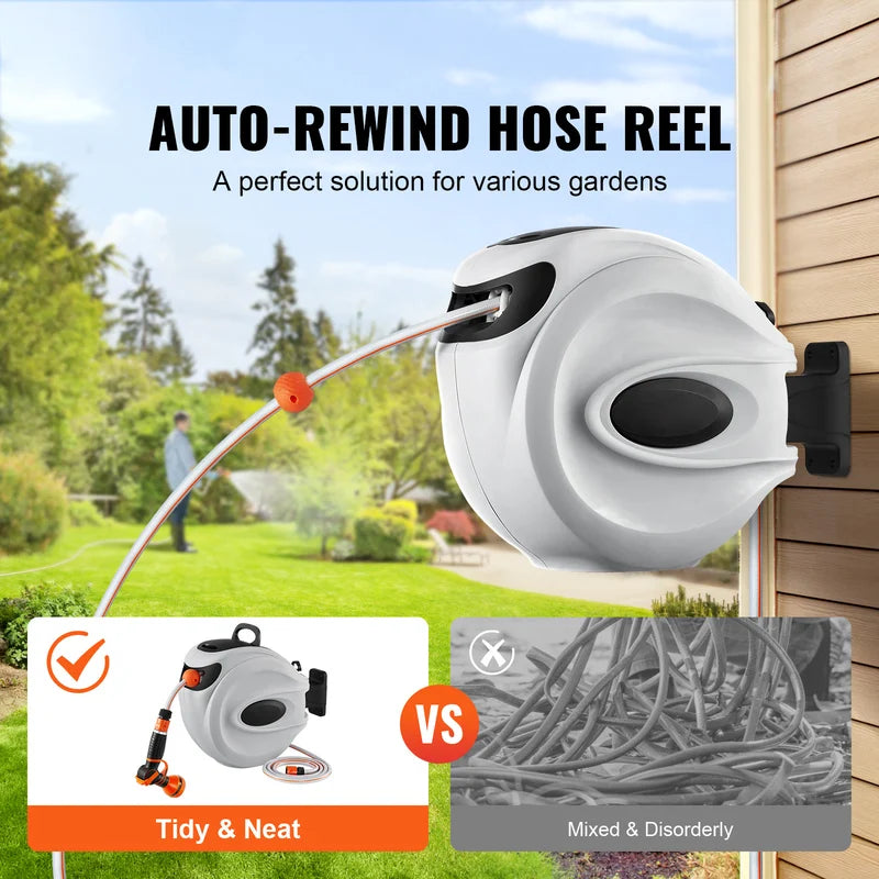 Retractable Garden Hose Reel Wall Mount with 180° Swivel and 9-Pattern Nozzle