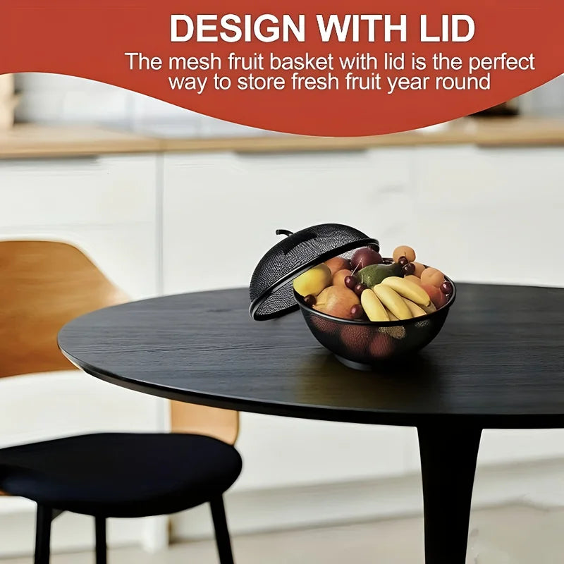 Heavy-Duty Metal Fruit Basket with Mesh Lid - Apple-Shaped Food Storage Container