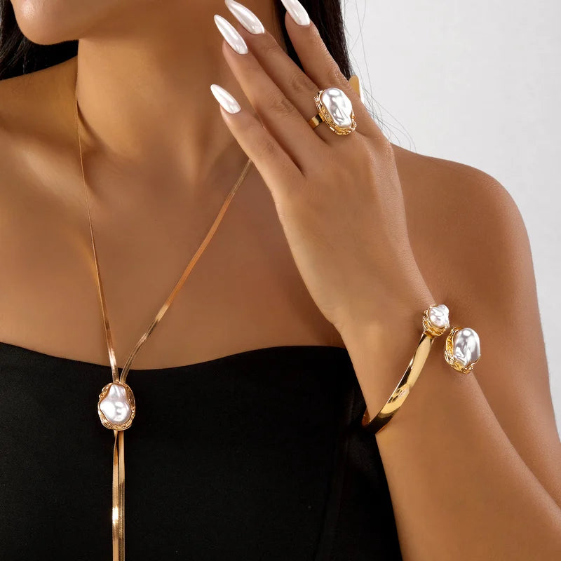 Elegant Pearl Jewelry Set for Women Vintage Snake Chain Necklace Open Cuff Bangle & Ring