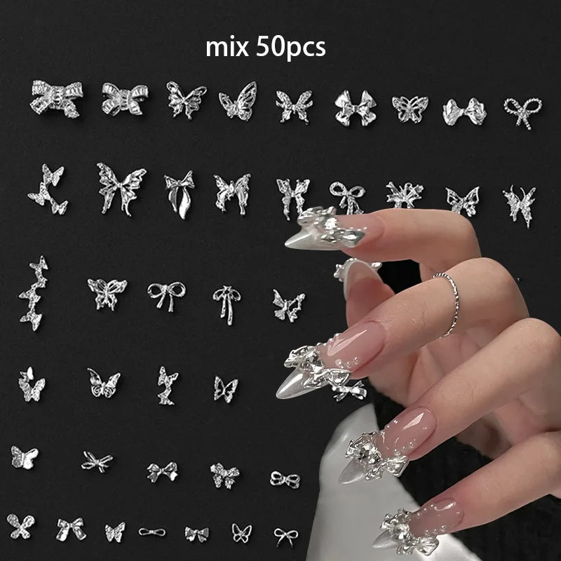 50PCS Nail Charms Butterfly Bowknot Nail Art Decorations Rhinestone Accessories